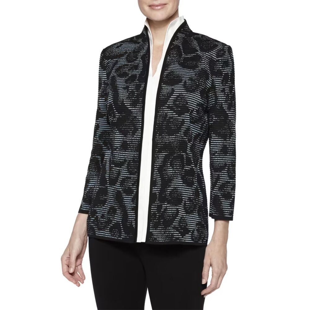 Misook Animal-Print Ottoman Jacket Cardigan Women's S Black Wrinkle-Free Mature